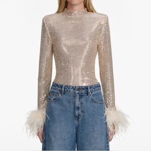 Self portrait CHAMPAGNE RHINESTONE FEATHER TOP $555 NEW With Tag